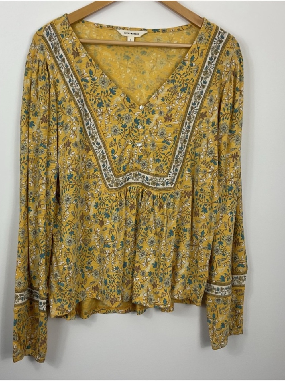 Lucky Brand‎ Yellow Floral Print Peasant Blouse Long Sleeve V Neck Women's Large